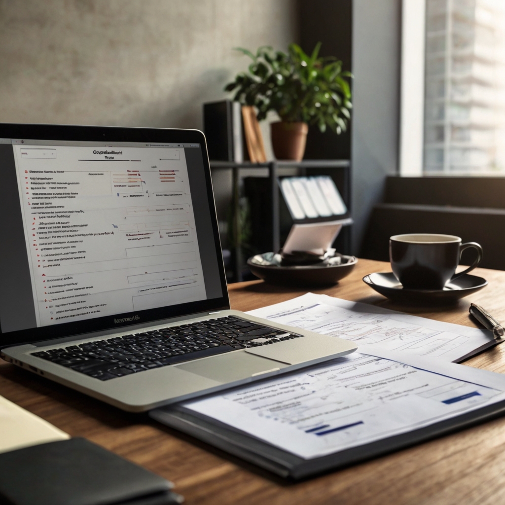 Clean organized workspace with compliance documents and laptop on a warm, well-lit desk