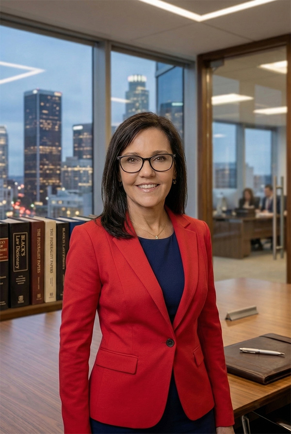 Founding attorney in a relaxed, confident editorial portrait with warm lighting in a modern setting